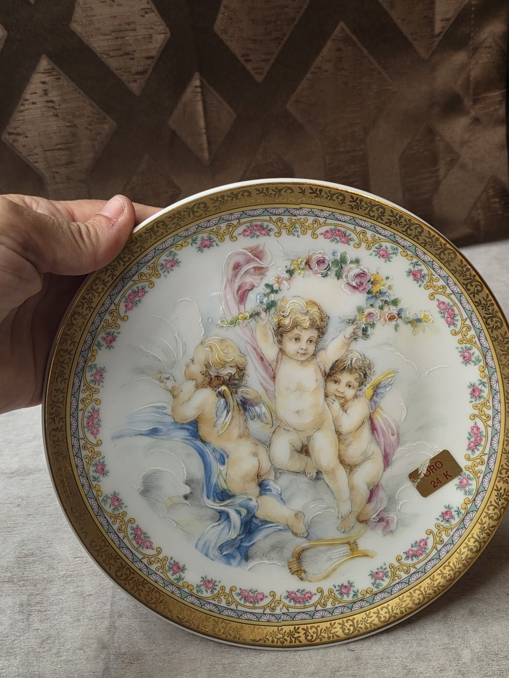 Limoges Gold Trim Cherub Plate with Pink Blue Accents